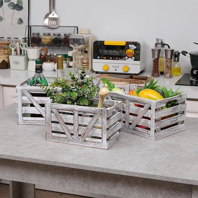 Storage Crate Nesting Wooden Crates with Handles,Set of 3 Rustic Farmhouse Decorative Wood Baskets for Storage,Display,Decor Boxes,(Large,Medium,Small)