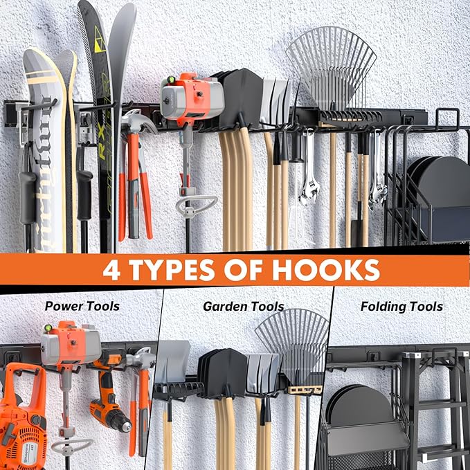 64 Inches Garage Storage, Garage Organization, Wall Mount Garden Tool Organizer, Max 620lbs Adjustable Metal Hooks, Yard Shed Rack, Tool Holder for Hanging Rake Broom Mop Snowboard