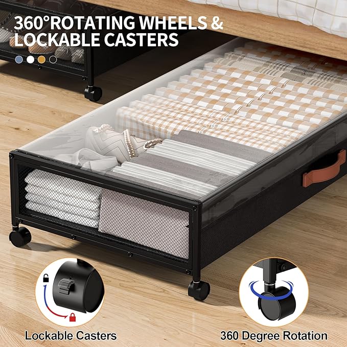 Under Bed Storage with Wheels, XXXL Larger Under Bed Storage Containers with Clear Lids, 36'' Lengthen Under Bed Shoe Organizer, Rolling for Shoes Clothes (Black 1 Pack, XXXL(36"x16.6"x7.48"))