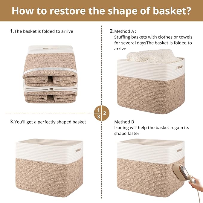 OIAHOMY 13 Kallax Inch Cube Storage Bins, 3-Pack Cotton Rope Woven Baskets for Organizing, Kallax Insert Storage Baskets for Shelves, Baby Nursery, Closet Organizer, 15*13*12.6IN, Brown & White