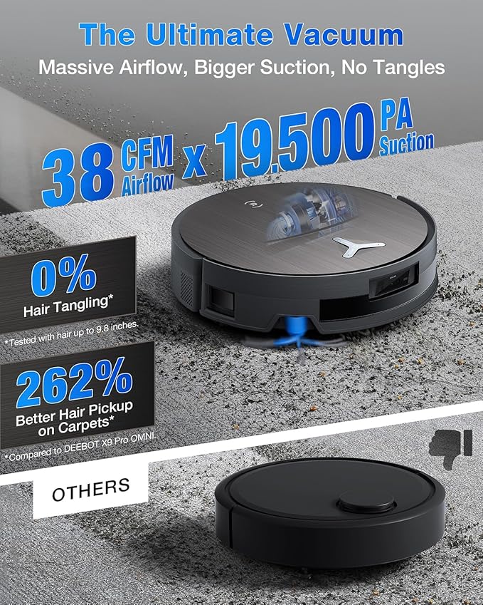 ECOVACS DEEBOT X11 OmniCyclone Robot Vacuum and Mop, PowerBoost Charging, OZMO Roller 2.0 Instant Self-Washing Mop, 19,500Pa Blast Suction, Bagless OmniCyclone Station, AIVI 3D Smart Navigation