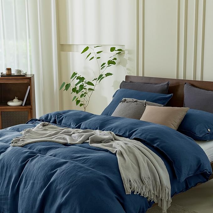 EVERLY100% Pure Linen Duvet Cover Set King Size104X90Inch 3pcs (1 Duvet Cover,2 Pillowcases) Soft and Breathable for All Season with Coconut Button Closure, Suitable for Hot Sleepers-Navy Blue
