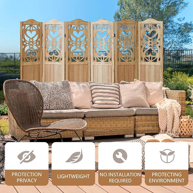 Wood Room Divider 6 Panel 5.6Ft Carved Room Divider and Folding Privacy Screen, Minimalism Portable Partition Screen Divider for Room Separation, Room Decoration for Home Office - Natural