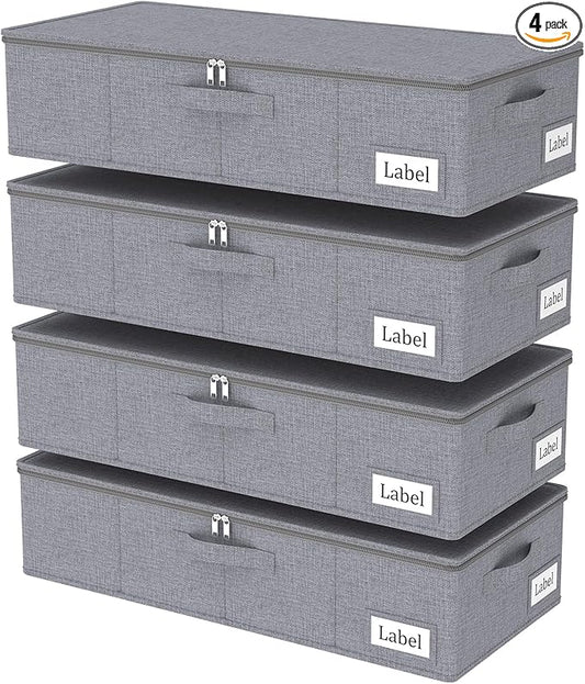 Yawinhe Underbed Bags, Storage Containers Bags with Lid, Foldable Blanket Bins, with Sturdy Zipper und Label Holders, for Clothing, 23.6''Lx11.8''Wx6''H, 4 Pack, Grey