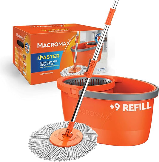 Macromax Faster Spin Mop and Bucket Set with 9 Refill– 360° Rotating Microfiber Mop with Smart Drying System – Adjustable Dampness – Ergonomic Handle – Multi-Surface Floor Cleaning Tool