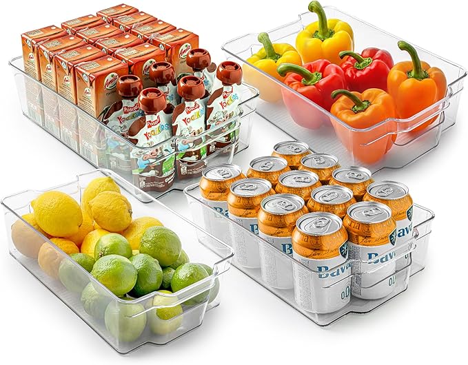 Zulay Kitchen 4 Pack Refrigerator Organizer Bins – Large Clear Fridge Storage Containers with Built-In Handles & Non-Slip Feet - Ideal Fridge Organizers, Kitchen Cabinets, Pantry Organization