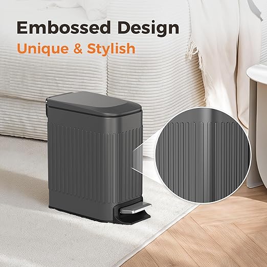 TrashAid Small 1.6 Gallon Stainless Steel Trash Can with Removable Inner Bucket, Grey, Hands Free Step Pedal Design