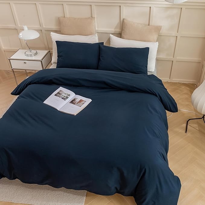 ECOCOTT Navy Blue Duvet Cover King, 100% Washed Cotton 3 Piece Bedding Set 1 Duvet Cover with Zipper and 2 Pillowcases, Ultra Soft and Easy Care Breathable Duvet Cover (Navy Blue)