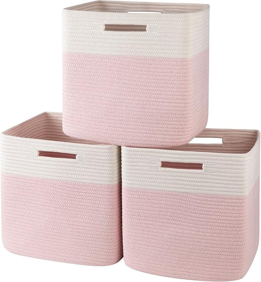 OIAHOMY 13 Kallax Inch Cube Storage Bins, 3-Pack Cotton Rope Woven Baskets for Organizing, Kallax Insert Storage Baskets for Shelves, Baby Nursery, Closet Organizer, 13*13*12.6IN, Pink & White