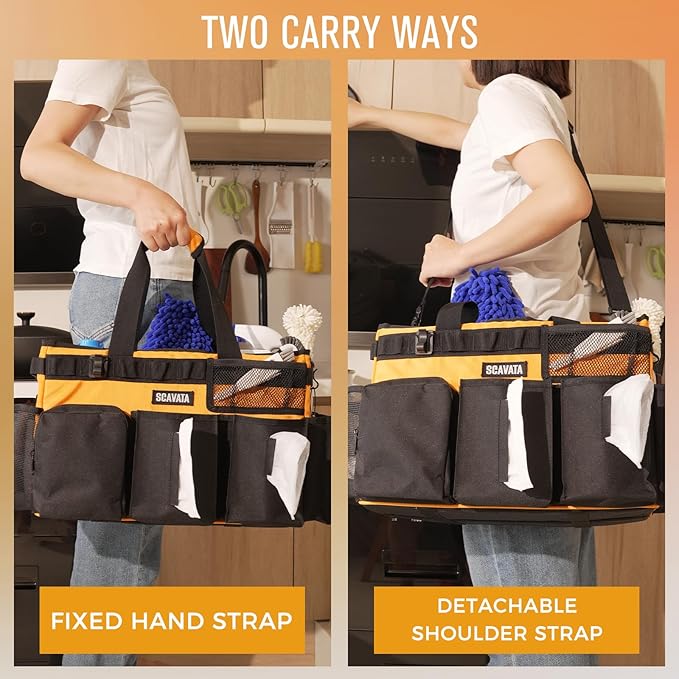 Wearable Cleaning Caddy Bag, Cleaning Caddy Supplies Organizer with Handle & Shoulder Straps for Housekeepers, Under Sink & Car Cleaning Tool Organizers with 4 Foldable Divider (Orange)