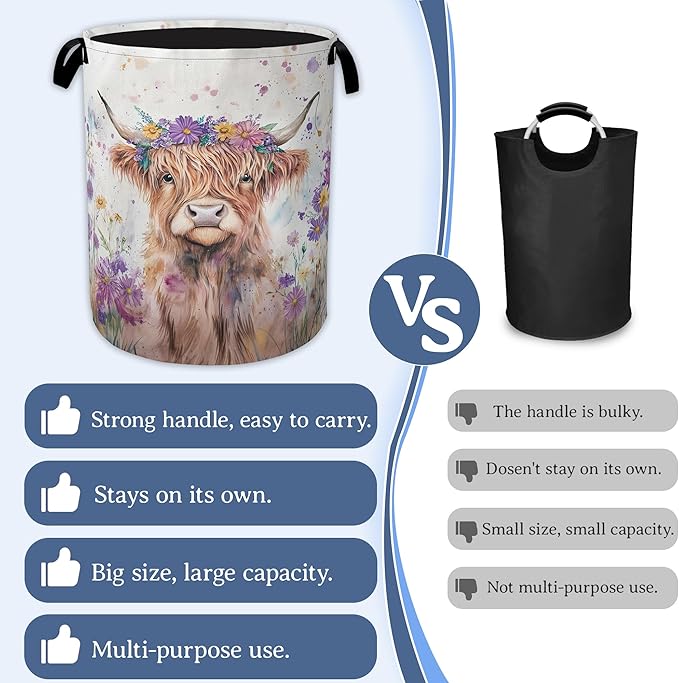 Highland Cow Laundry Basket,Foldable Oxford Cloth Flower Funny Laundry Hamper with Handles, 20.8"x16" Tote Bag Clothes Storage Bucket for Laundry Room/Bathroom/Bedroom/Dormitories