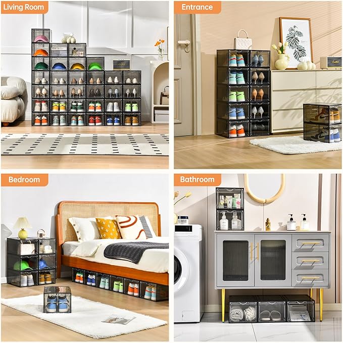 Clemate Upgraded X-Large Shoe Storage Box,12 Pack,Shoe Box Clear Plastic Stackable,Drop Front Shoe Box with Clear Door,Shoe Organizer Containers For Sneaker Display,Fit up to US Size13, Ashy