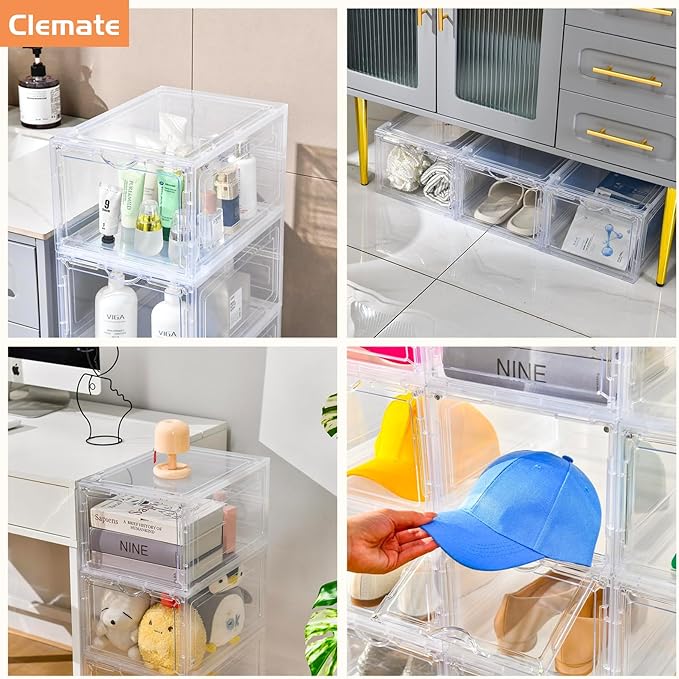 Clemate Upgraded X-Large Shoe Organizer,Shoe Storage Organizer,12 Pack,Shoe Box Clear Plastic Stackable,Drop Front Shoe Box with Clear Door, Shoe Containers For Sneaker Display,Fit up to US Size13
