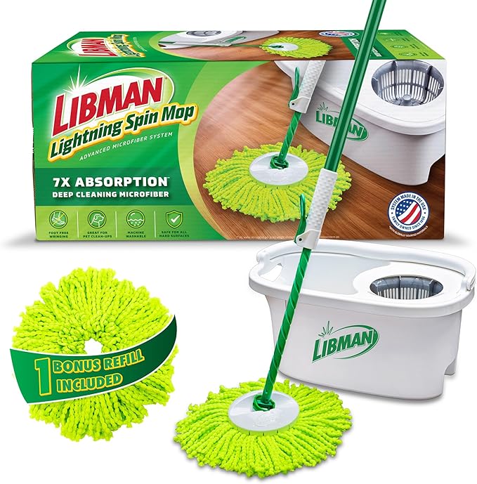 Libman Lightning Spin Mop System Plus 1 Refill Head | Mop and Bucket with Wringer Set | Floor Mop | Spin Mop | Libman Mop | Mops for Floor Cleaning | Hardwood Floor Mop | 2 Total Mop Heads Included