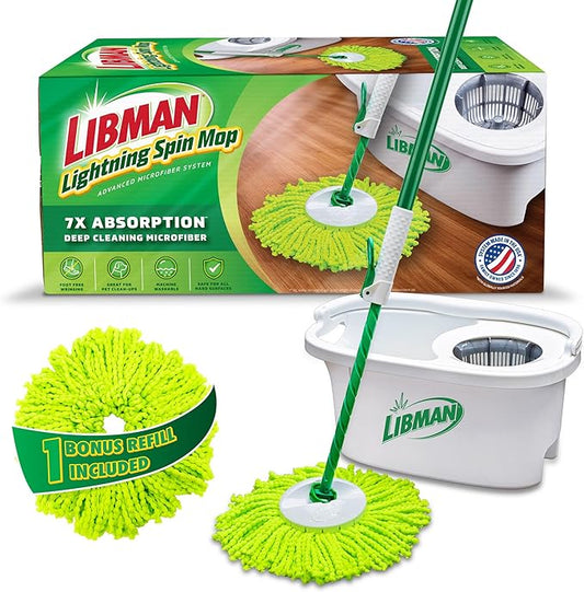 Libman Lightning Spin Mop System Plus 1 Refill Head | Mop and Bucket with Wringer Set | Floor Mop | Spin Mop | Libman Mop | Mops for Floor Cleaning | Hardwood Floor Mop | 2 Total Mop Heads Included