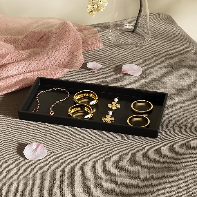 Vanity and Bathroom Tray, 9.8" ABS Countertop Organizer,Waterproof Vanity Tray for Toilet Tank,Perfume,Soap,Keys,Bathroom Accessories,Kitchen and Bath Trays,Non Slip Small Trays,Black,2 Pack