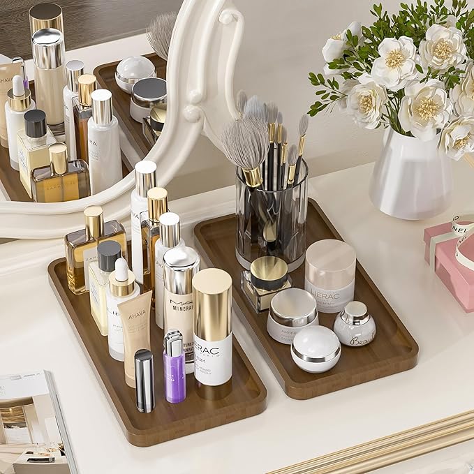 Weenson Bathroom Vanity Tray for Countertop Makeup Jewelry Perfume Decor Candle, Bamboo Kitchen Tray for Soap Dispenser Spice Salt Oil, Brwon Tray for Toilet Tank Coffee Nightstand Set of 2