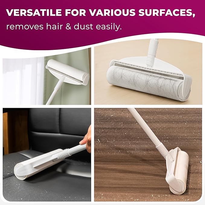 RainbowZone Large Lint Roller with 3 Refills, 9.5" Extra Wide – Total 300 Super Sticky Sheets – Extendable Long Handle Lint Roller for Pet Hair Removal, Furniture, Carpet & Household Cleaning