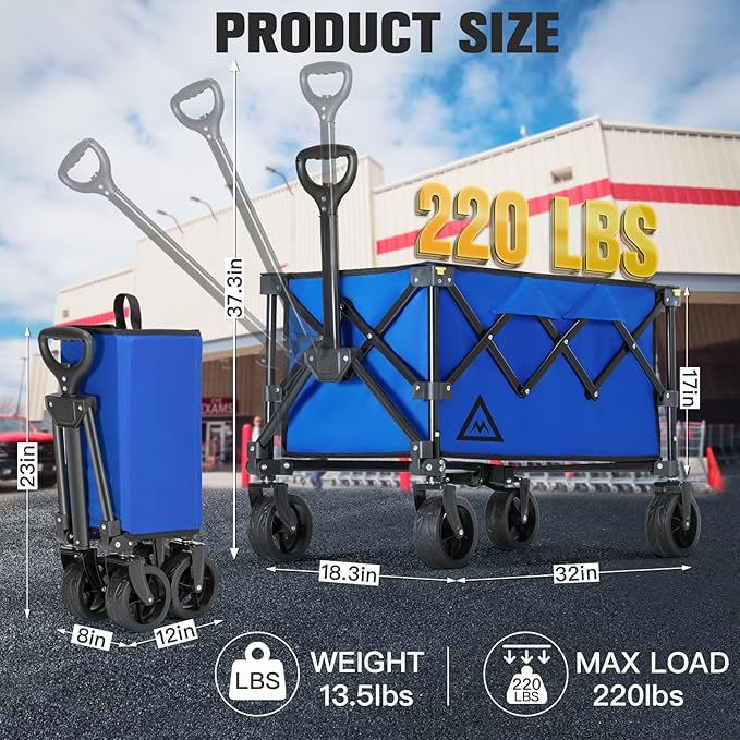 Wagon Cart Shopping Foldable Folding Collapsible with Wheels Big On Beach Garden Outdoor Grocery Heavy Duty Utility All Terrain Portable Wagons Carts for Groceries Sand Camping Sports Blue