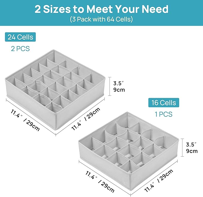 Vtopmart 3 Pack 24+24+16 Cells Socks Drawer Organizers Set, 64 Cells Clothes Drawer Dividers Dresser Organizers Bins, Scarves, Ties, Non-Woven Fabric Storage Boxes for Closet, Nursery