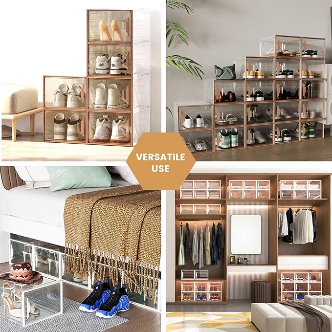 X-Large Stackable Shoe Boxes - Clear Plastic Shoe Storage Boxes with Magnetic Door, Thicken Shoe Organizer for Closet, Space Saving Foldable Shoe Containers Bins for Sneaker Boot - 8 Pack(Brown)