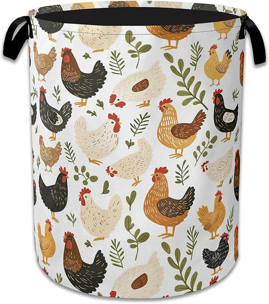 Rooster Hen Chick Laundry Basket,Foldable Waterproof Oxford Cloth Tote Bag Meadow Laundry Hamper with Handles,20.8"x16" Clothes Storage Bucket Organizer for Laundry Room, Bathroom, Bedroom