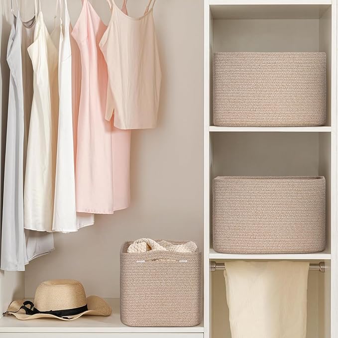 Woven Storage Baskets, Brown Baskets for Organizing, 3 Pack Woven Basket for Storage, Decorative Storage Bins Baskets for Shelves, Towel, Toy, Book, Closet, Baby 14.96"×9.8"×8.85"