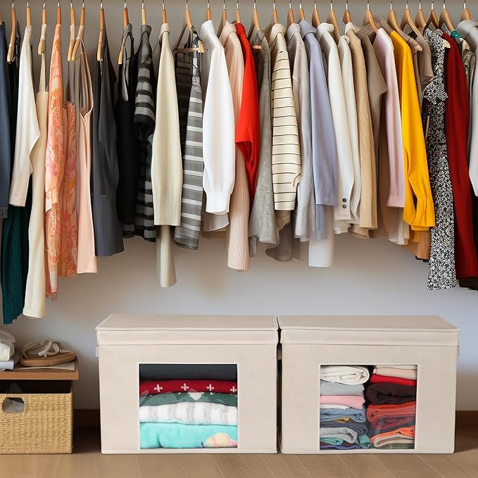 Univivi Foldable Fabric Storage Boxes Large Storage Bins with Lids [4-Pack] Collapsible Storage Cubes Organizer Containers Organization Baskets for Home, Bedroom, Closet (Beige, 17“ x 12” x 12")