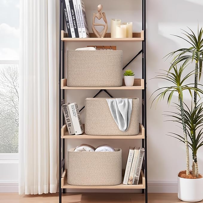 Woven Storage Baskets, Brown Baskets for Organizing, 3 Pack Woven Basket for Storage, Decorative Storage Bins Baskets for Shelves, Towel, Toy, Book, Closet, Baby 14.96"×9.8"×8.85"