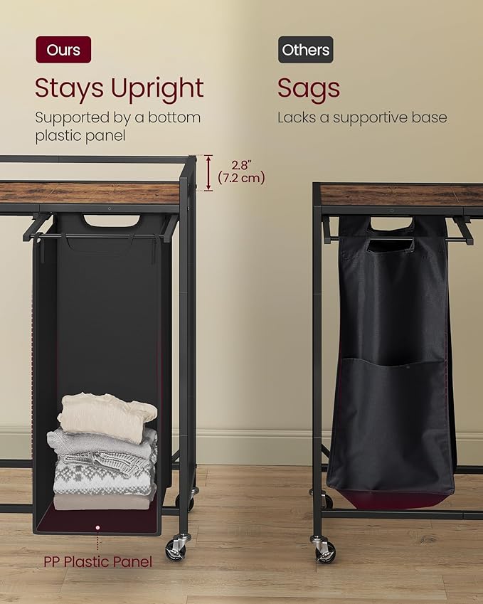 VASAGLE Laundry Sorter, 29 Gal. (110 L) Laundry Hamper Basket with 2 Compartments, Rolling Cart with Wheels, Shelf, Removable Bags, Pockets, Ink Black and Rustic Brown UBLH021B01