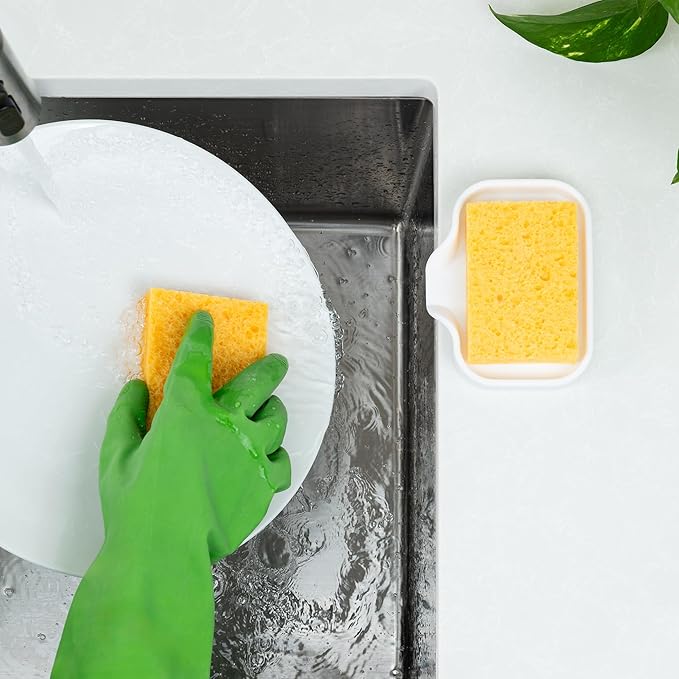 Zulay Kitchen Small Silicone Sponge Holder (4.9x3.3”) – Space-Saving Sink Organizer Tray for Sponge, Soap, Brush & More – Compact Non-Slip Dish for Kitchen & Bathroom (White)