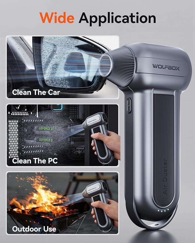 WOLFBOX MF100 Electric Air Duster-150000RPM Super Power Cordless Air Duster, Rechargeable Brushless Motor Durable Blower, 3-Gear Adjustable Dust Blower for Computer, Keyboard, Outdoor, House and Car