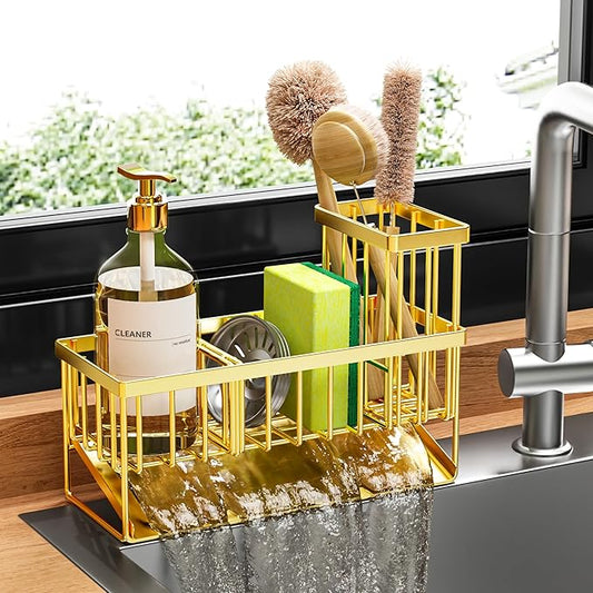 Cisily Gold Kitchen Sink Caddy Organzier with High Brush Holder, Sponge Holder for Sink, 304 Rustproof Stainless, Kitchen Countertop Soap Dispenser Organizer, Home Decor and Accessories