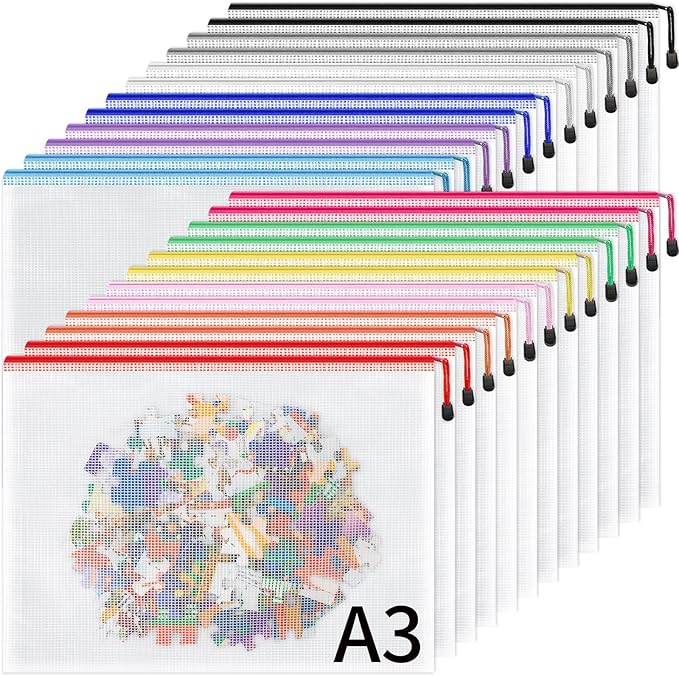 Umriox 24 Pack 12 Colors Zipper Pouches for Organizing, A3 Size (16.9 x 12.4), Big mesh Bags, Zipper Bags for Puzzles & Board Game Storage, Office Supplies Travel Toiletries