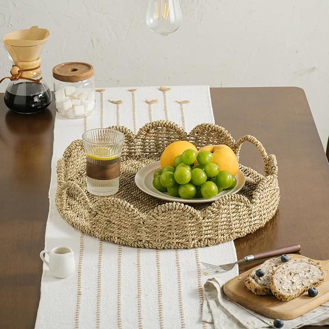 Wicker Tray, Handwoven Woven Tray with Handles and Scalloped Edge, Round Wicker Basket for Home Decor and Organizing, 16.9" L x 16.9" W x 3.5" H