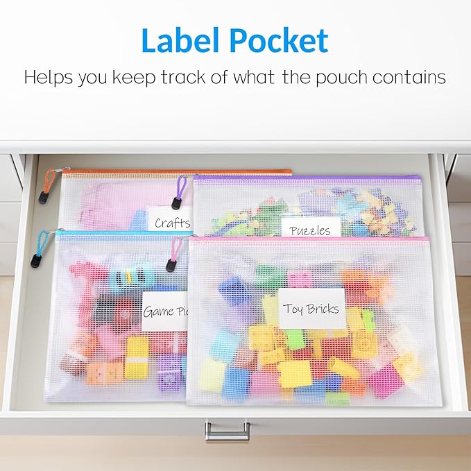 Sooez 32 Pack Mesh Zipper Pouch Bags, A4 Letter Size, Zipper Bags with Label Pocket, Waterproof Pouches for Classroom Organization, Board Game Storage, Document Bag for Teacher School Office Supplies