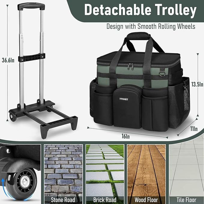 Ytonet Cleaning Caddy with Wheels, Extra Large Rolling Cleaning Caddy Bag with Detachable Trolley for Housekeepers, Water Resistant Cleaner Supplies Organizer with Wheels for Kitchen, Tool Organizer