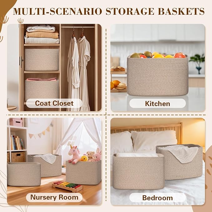 Woven Storage Baskets, Brown Baskets for Organizing, 3 Pack Woven Basket for Storage, Decorative Storage Bins Baskets for Shelves, Towel, Toy, Book, Closet, Baby 14.96"×9.8"×8.85"