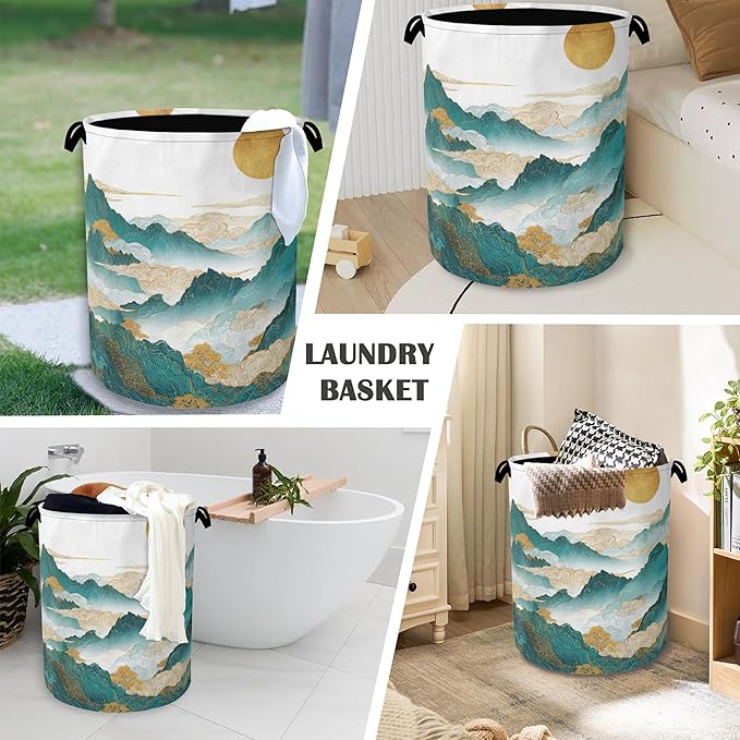 Abstract Mountains Laundry Basket,Golden Sun Foldable with Handles Tote Bag Oxford Cloth for Bathroom Bedroom Dirty Clothes Storage Bucket 16" x 20.8"