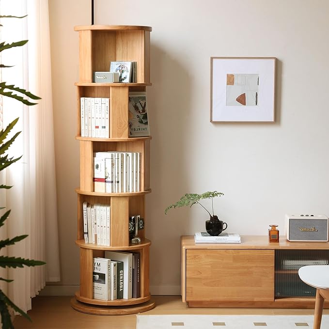 YESWOOD Solid Wood Rotating Bookshelf, 5 Tier Round Revolving Bookcase, 360° Spinning Shelf Tower, Floor Standing Bookcase Storage Rack for Home Office, Corner, Bedroom, Study, Living Room