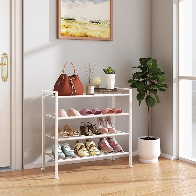 4-Tier Shoe Rack,Metal White Shoe Storage Organizer Shelf for Closet,Entryway,Hallway,Dorm (White, 4 Tier)