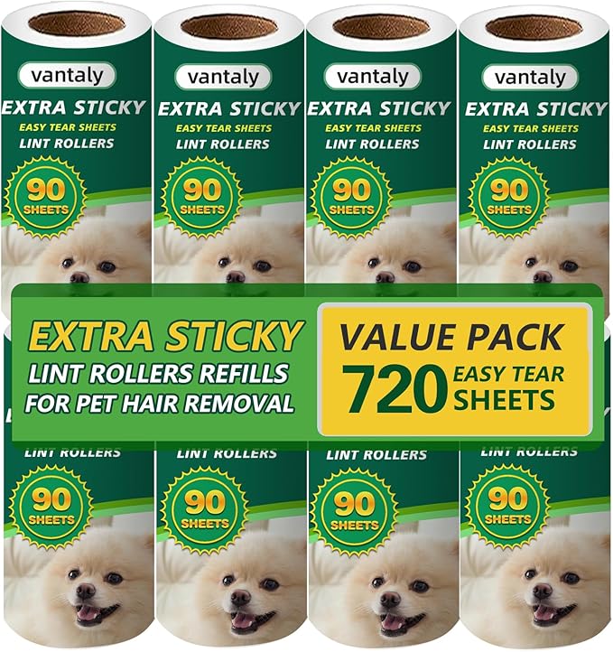 Extra Sticky Lint Roller Refills,Fits Most 3.9"-4" Standard Size Lint Roller with Inner Diameter at 1.5", 8 Pack with 720 Sheets Total, Pet Hair Remover for Clothes, Car, Furniture