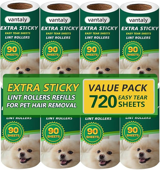 Extra Sticky Lint Roller Refills,Fits Most 3.9"-4" Standard Size Lint Roller with Inner Diameter at 1.5", 8 Pack with 720 Sheets Total, Pet Hair Remover for Clothes, Car, Furniture