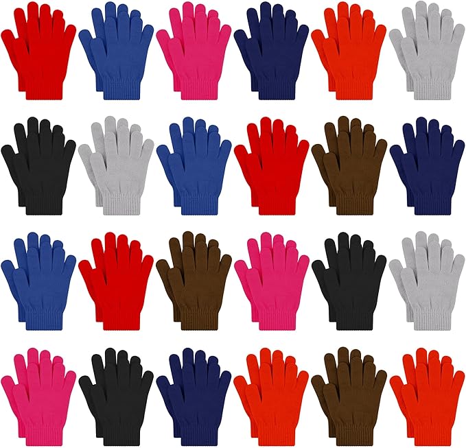 Cooraby 24 Pairs Kids Gloves Winter Magic Gloves Warm Knitted Stretchy Full Fingers Glove for 6-11 Years