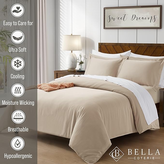 Bella Coterie Luxury Bamboo Viscose Queen Size Duvet Cover Set | 100% Organically Grown | Corner Ties | Ultra Soft | Cooling | Two Pillow Shams | 90 x 94 | No Insert [Dune]