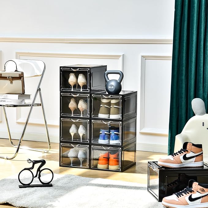 Clemate Upgraded X-Large Shoe Storage Box,12 Pack,Shoe Box Clear Plastic Stackable,Drop Front Shoe Box with Clear Door,Shoe Organizer Containers For Sneaker Display,Fit up to US Size13, Black