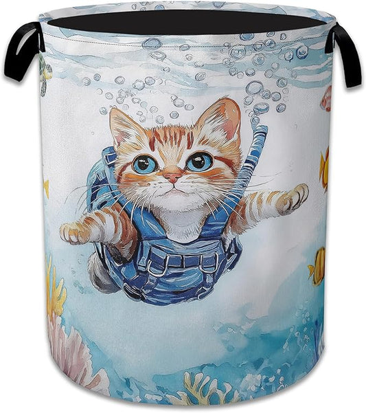 Cute Cat Laundry Basket,Foldable Oxford Cloth Sea Turtle Fish Coral Laundry Hamper with Handles, 20.8"x16" Tote Bag Clothes Storage Bucket for Laundry Room/Bathroom/Bedroom/Dormitories