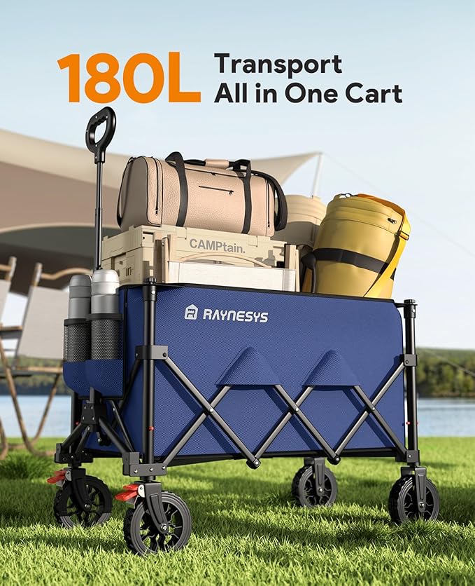 Wagon Carts Foldable, 180L Collapsible Foldable Wagon with 330lbs Weight Capacity, Heavy Duty Utility Cart with Drink Holders and Brakes for Beach Camping Shopping Sports Wheelbarrows, Blue