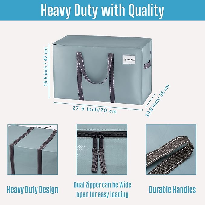 VENO 6 Pack Moving Bags, Heavy Duty, Moving Boxes Alternative, Packing Storage Supplies for Dorm Room Essentials with Zipper for Clothes, Extra Large Totes for Packaging (Light Blue Matte, 6 Pack)