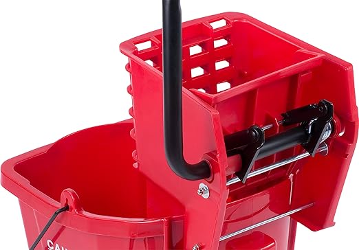 Carlisle FoodService Products 26-Quart Commercial Mop Bucket with Side-Press Wringer, Precision-Molded Polypropylene, Durable Wringer, Bucket with Non-Marking Casters, 18.5 x 16.5 x 23 Inches, Red